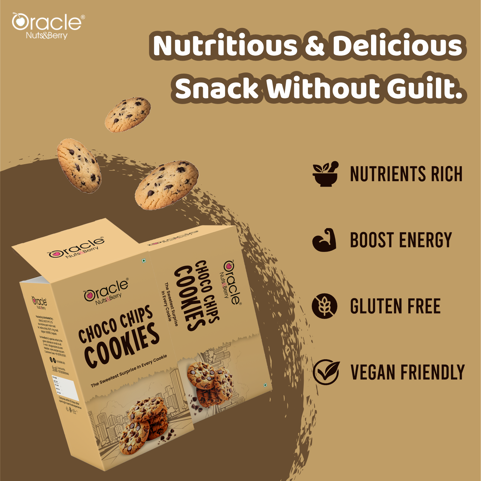 Oracle Nuts & Berry - 200gm Choco Chip Cookies - Soft, Crunchy & Delicious, Rich in Fiber & Protein, 100% Pure & Hygienic, Premium Baked Treat - Oracle Nut