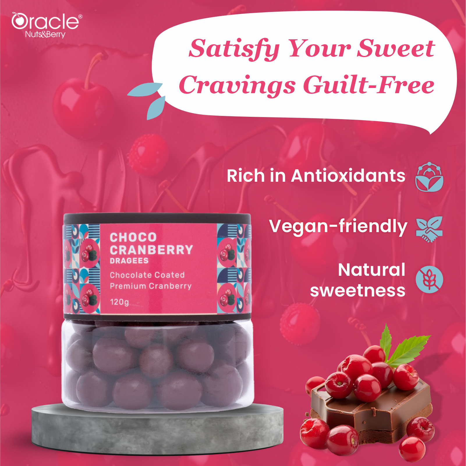 Choco Cranberry Dragees - Rich in Antioxidants & Fiber 120gm - Oracle Nut